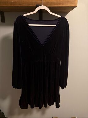 Velvet V-Neck Long Sleeve Mini Dress - Deep Navy